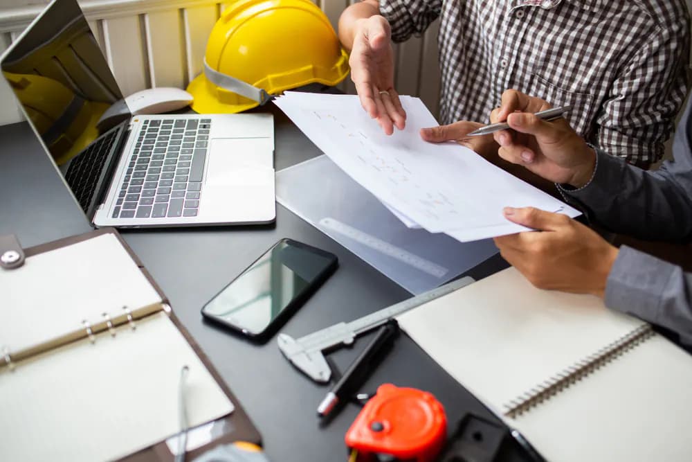 Two construction professionals reviewing technical plans at a desk with a laptop, hard hat and measuring tools