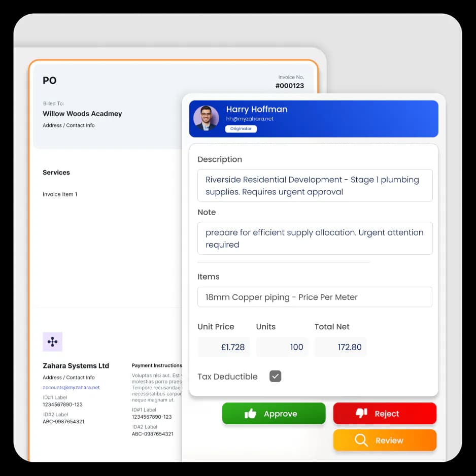 Purchase order with approval request in Zahara