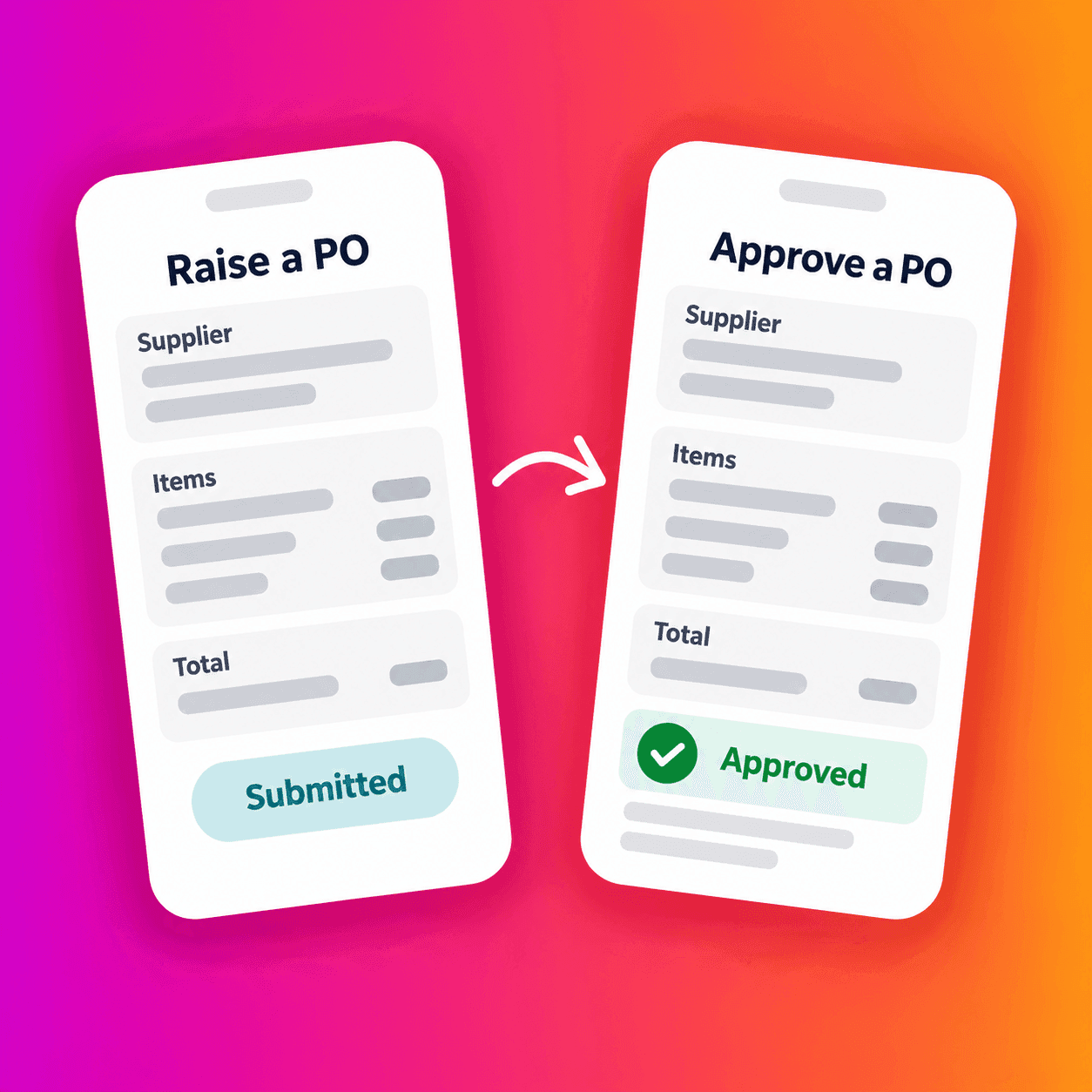 Zahara graphic showing a purchase order being raised and approved on mobile, with two illustrated phones against a magenta-to-orange background.