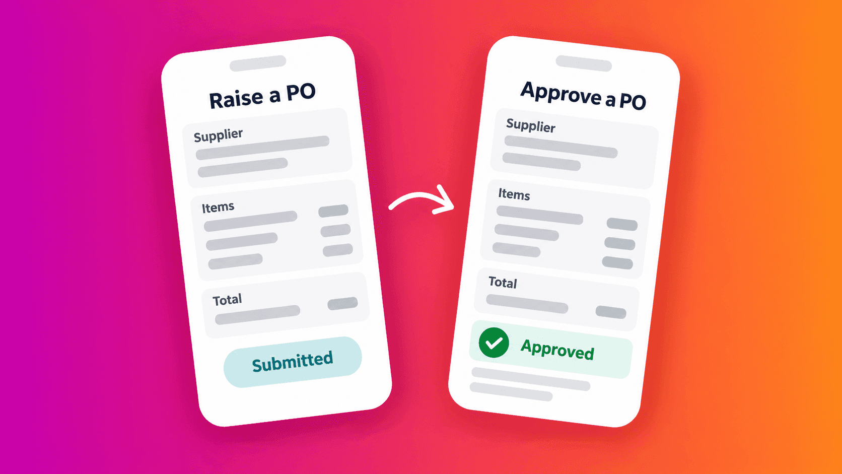 Zahara graphic showing a purchase order being raised and approved on mobile, with two illustrated phones against a magenta-to-orange background.