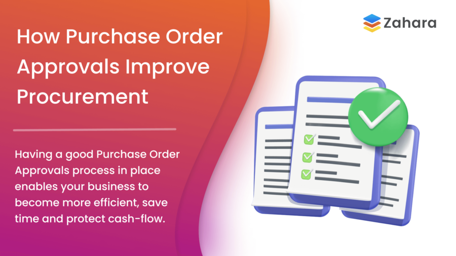 Graphic titled "How Purchase Order Approvals Enhance Procurement" featuring a checklist icon. The text highlights how these approvals boost efficiency, save time, and protect cash flow. Zahara logo graces the corner.