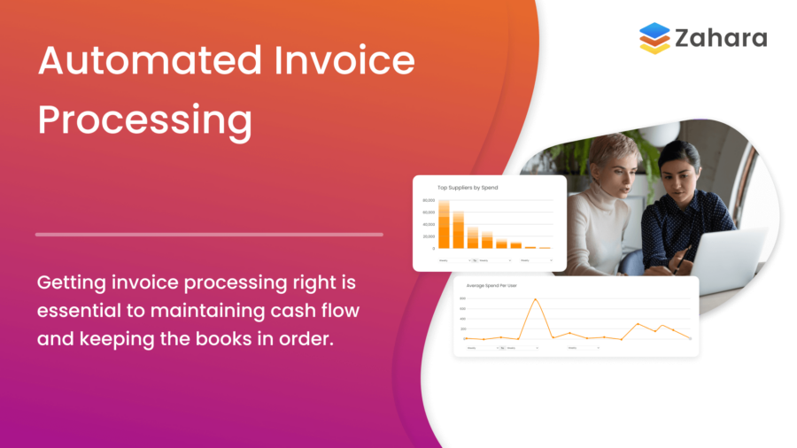 Guide to invoice processing: An automated invoice processing graphic features charts and two people working on a laptop, highlighting accurate cash flow management.