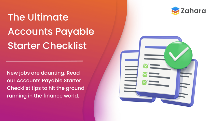 Image showcasing an advertisement for "The Ultimate Accounts Payable Starter Checklist," featuring an illustration of documents and a green checkmark, highlighting the efficiency of accounts payable automation.