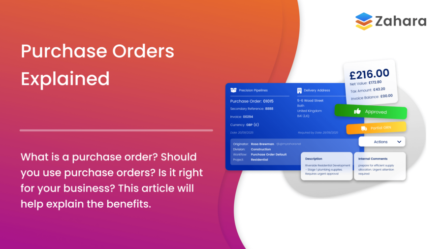 An infographic titled "What is a Purchase Order?" with colorful sections explaining purchase order benefits, pricing, and precautions.