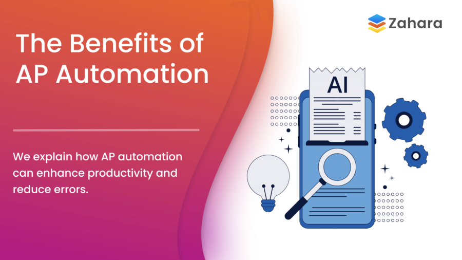 Illustration depicting AP Automation benefits with text about enhancing productivity and reducing errors, featuring AI elements and the Zahara logo.