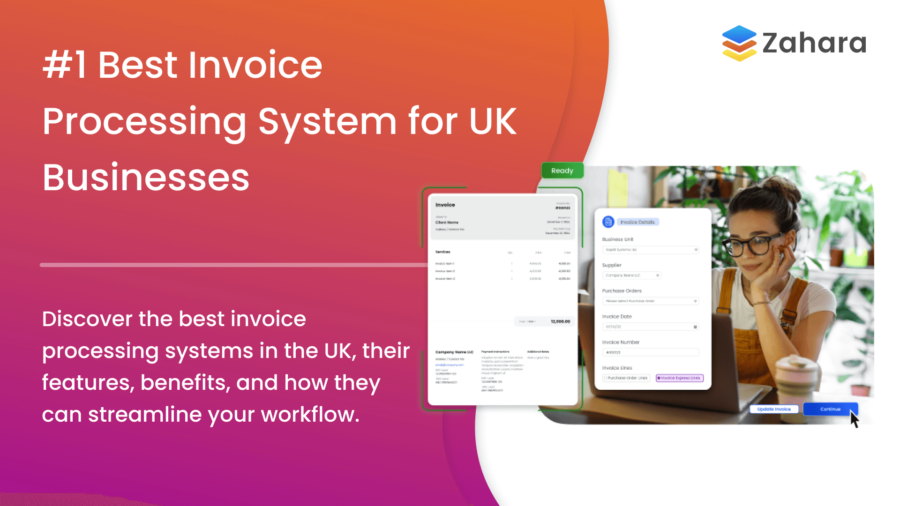 Ad for an advanced invoice processing system showcases a woman at her desk, surrounded by seamless digital invoice displays. Highlighting features and benefits tailored for UK businesses, this is the ultimate solution to streamline your financial workflow.