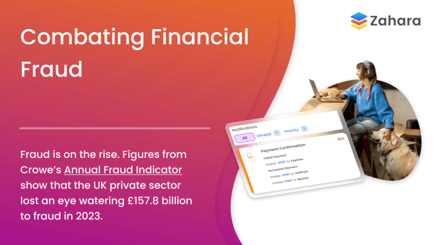 A slide titled "Combating Financial Fraud" explains the UK private sector's £157.8 billion fraud loss in 2023 with an image of a young woman using a laptop and a detail of a Zahara payment confirmation screen.