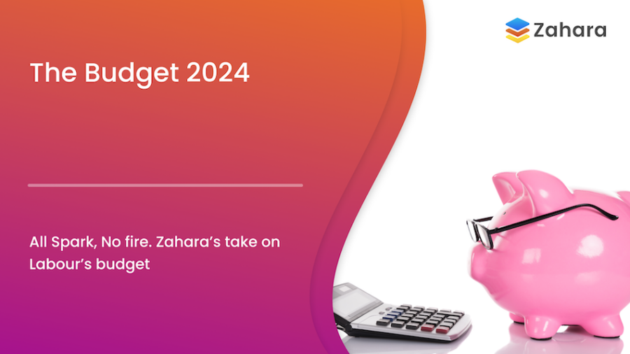 Gradient background with "The Budget 2024" text and a piggy bank wearing glasses beside a calculator. Company's name "Zahara" is in the top right corner.