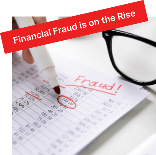 A financial report with numbers is marked with red ink and labeled Fraud. Glasses are placed nearby. A red banner states, Financial Fraud is on the Rise.