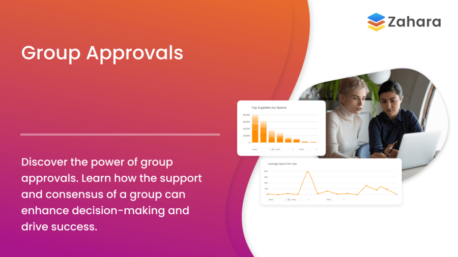 Image featuring the text "Group Approvals" with two charts and two people looking at a laptop. A description underneath emphasizes the benefits of group consensus in decision-making.