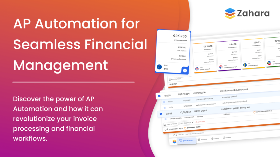 Promotional image for AP Automation showing a software interface for financial management, emphasizing seamless invoice processing and workflow efficiency.