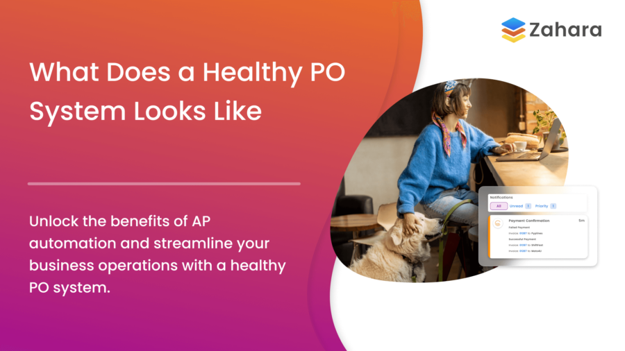 Presentation slide with a title reading "What Does a Healthy PO System Looks Like," featuring a woman with a dog at a counter and a graphic showing payment confirmation details.