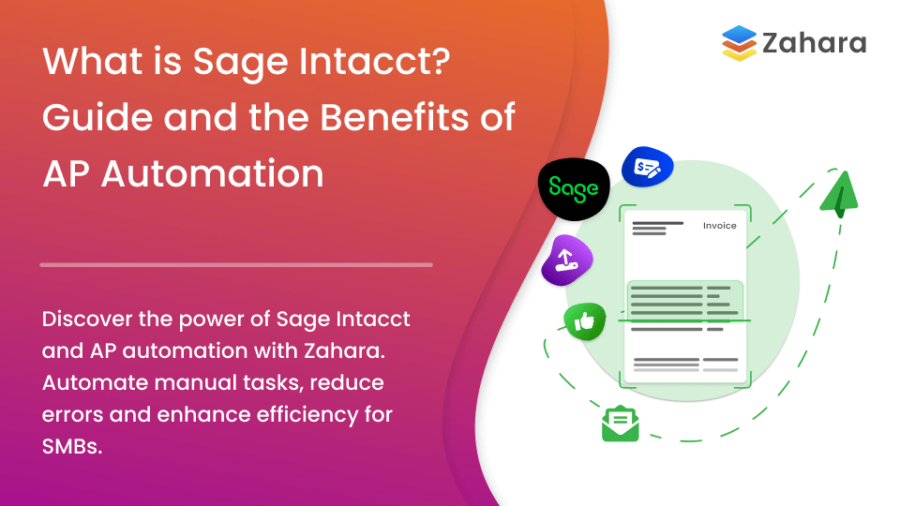 An infographic titled 'What is Sage Intacct? Guide and the Benefits of AP Automation' presented by Zahara, promoting the automation of manual tasks to reduce errors and enhance efficiency for SMBs.