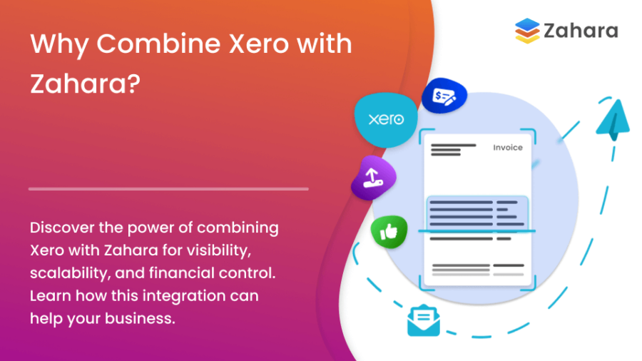 Infographic about integrating Xero with Zahara for improved business visibility, scalability, and financial control, including an illustration of an invoice and related icons.