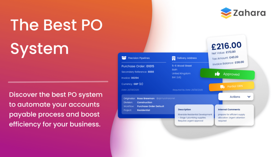 Promotional image for Zahara, spotlighting the best PO system to automate accounts payable, featuring sleek interface elements and detailed pricing info.