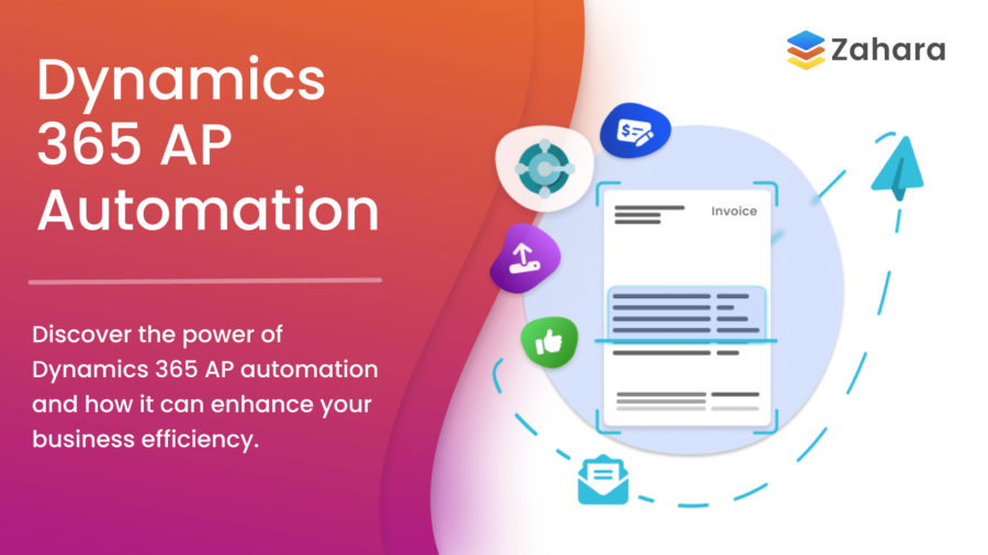 Promotional graphic for Dynamics 365 AP Automation, highlighting invoicing, enhanced business efficiency, and various icons against a dynamic gradient background.