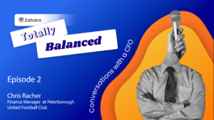 Podcast cover for "Totally Balanced" featuring "Conversations with a CFO" for Episode 2, with Chris Racher, Finance Manager at Peterborough United Football Club, and a collage of a suit and microphone.